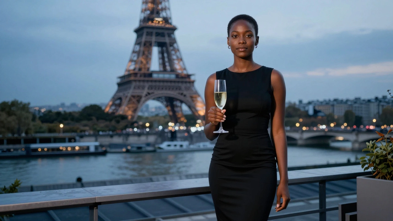 A poised Black woman on a Paris rooftop at dusk, overlooking the Seine with the Eiffel Tower in the distance.