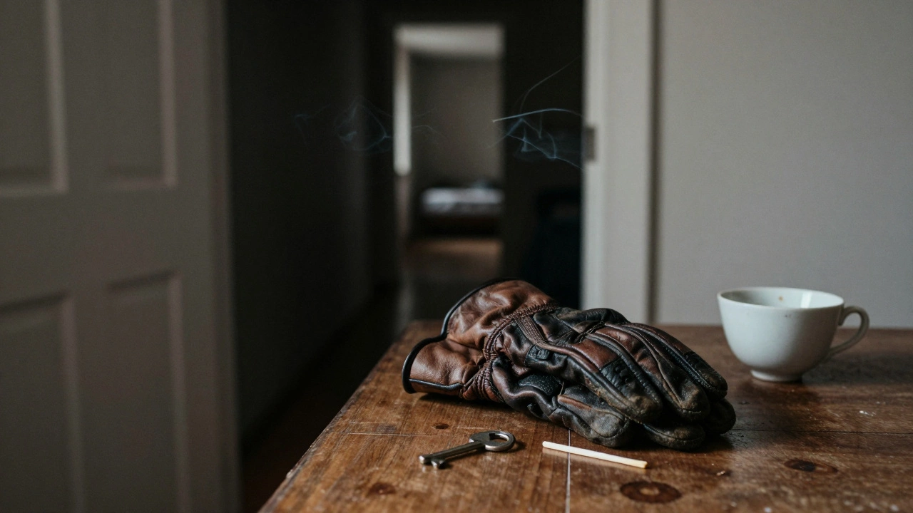Leather gloves, key, matchstick, and teacup on a wooden table, hinting at a sacred ritual before work.
