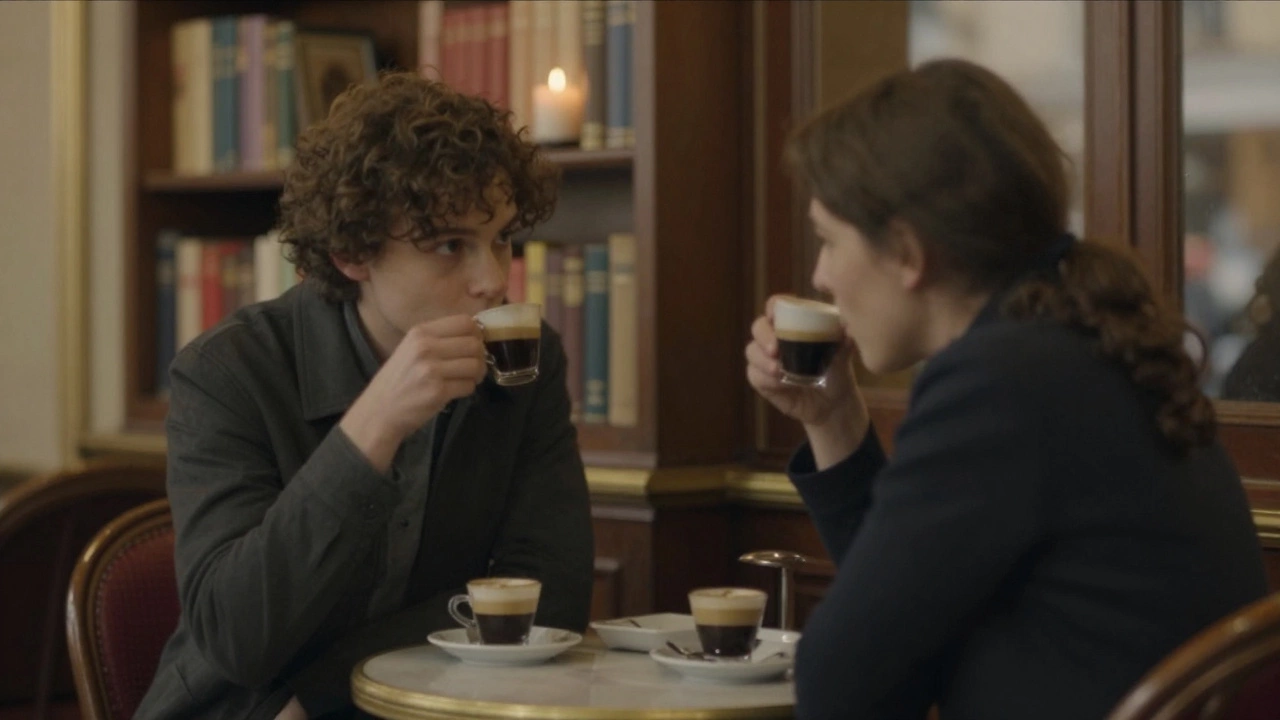Two people sharing a quiet conversation in a cozy Paris café, faces obscured by soft focus and candlelight.